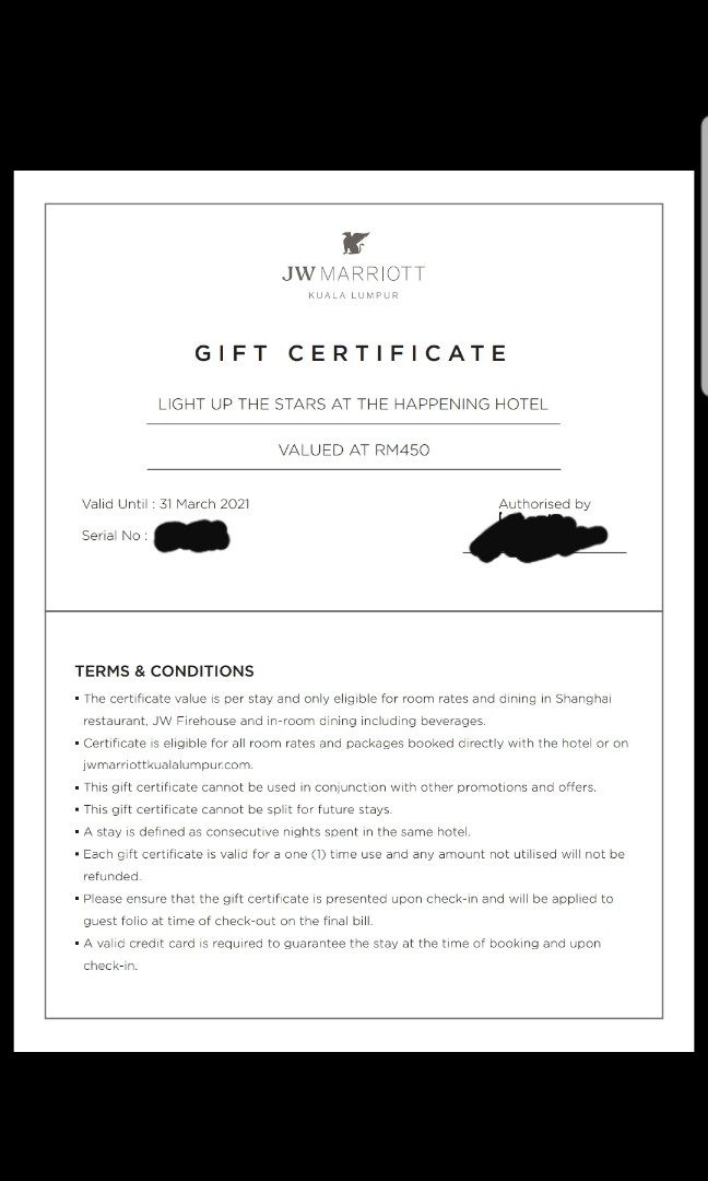 JW MARRIOTT HOTEL KUALA LUMPUR voucher/gift certificate ...