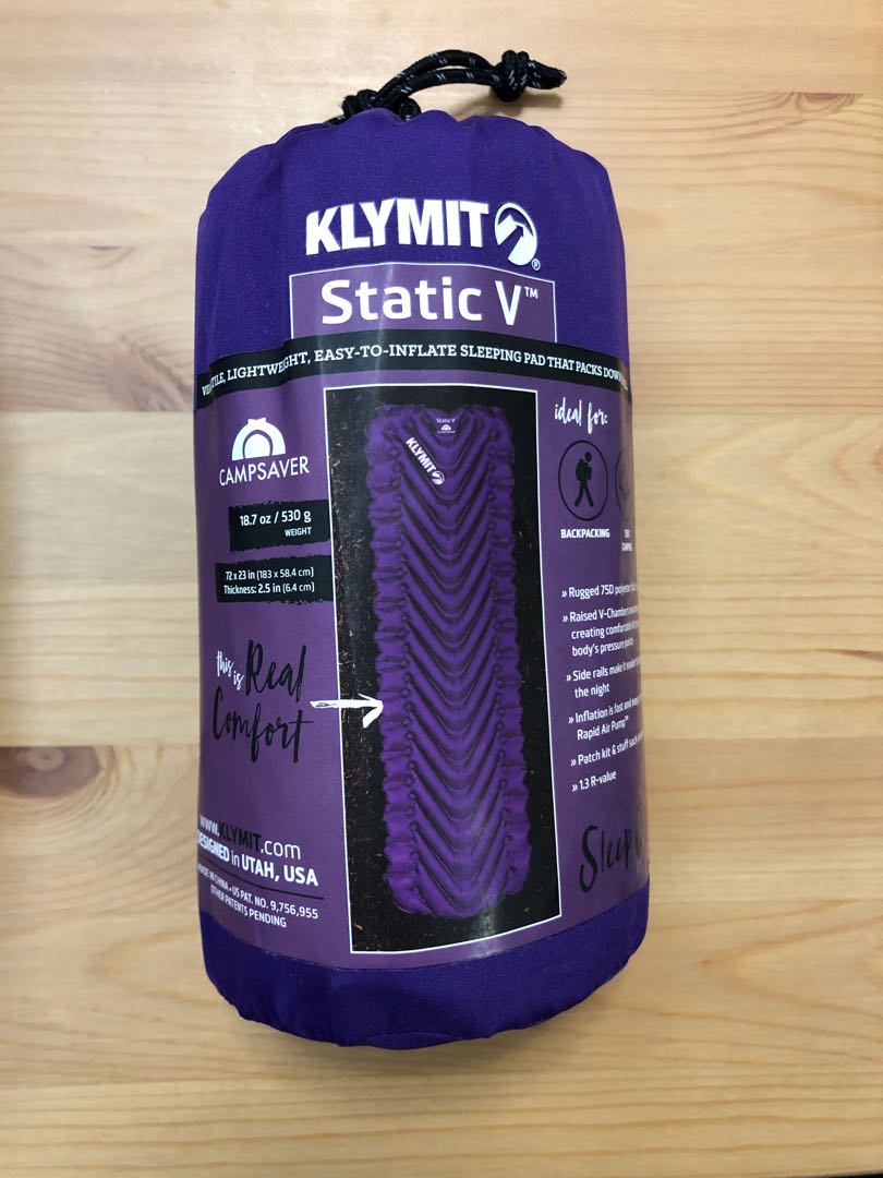 Klymit Static V sleeping pad 充氣睡墊紫色purple, 運動產品, 行山及