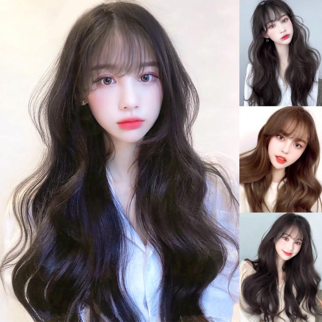 [INSTOCKS] Korean Black/Brown Natural Big Curls Wavy Bangs Long Hair ...