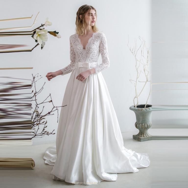 pre order fishtail white satin lace long sleeve wedding bridal