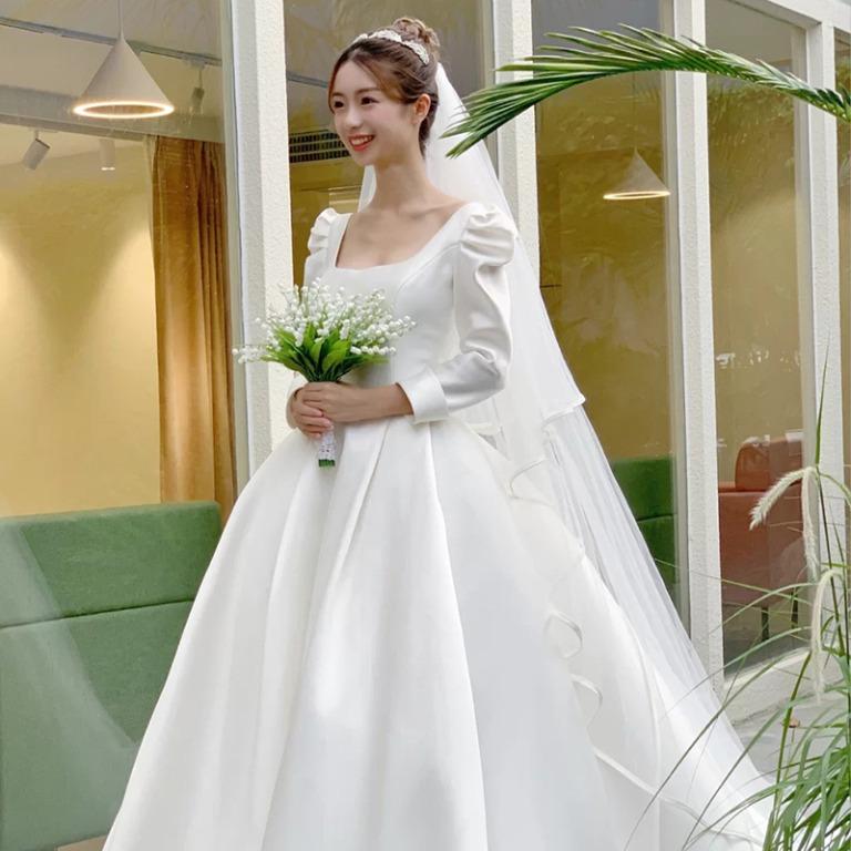 pre order fishtail white satin long sleeve wedding bridal dress