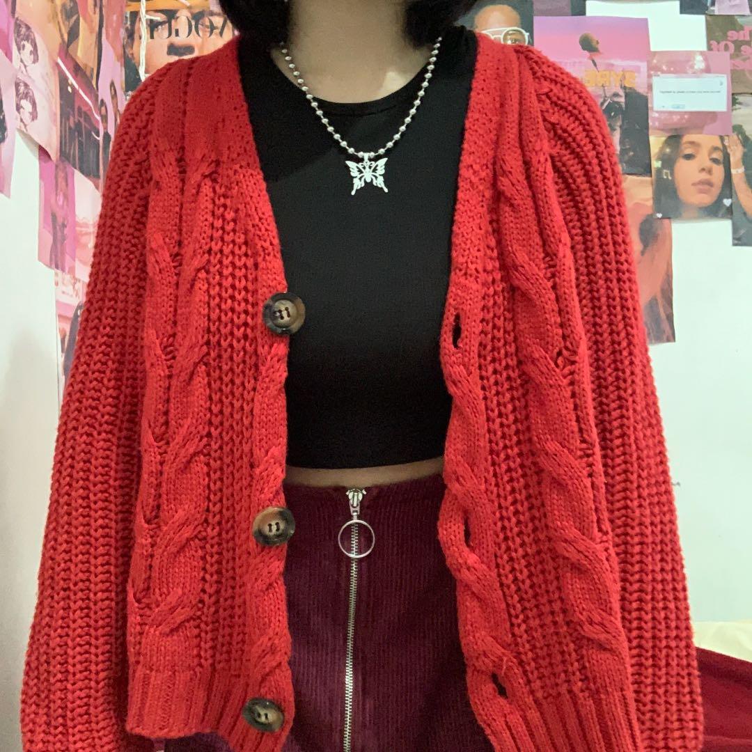 red knitted jacket