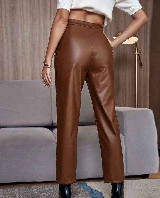 Plain SHEIN BAE Drawstring Waist Solid PU Leather Pants