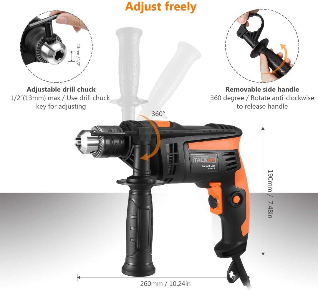TACKLIFE Corded Impact Drill with 10 Pcs Drill Bits Set