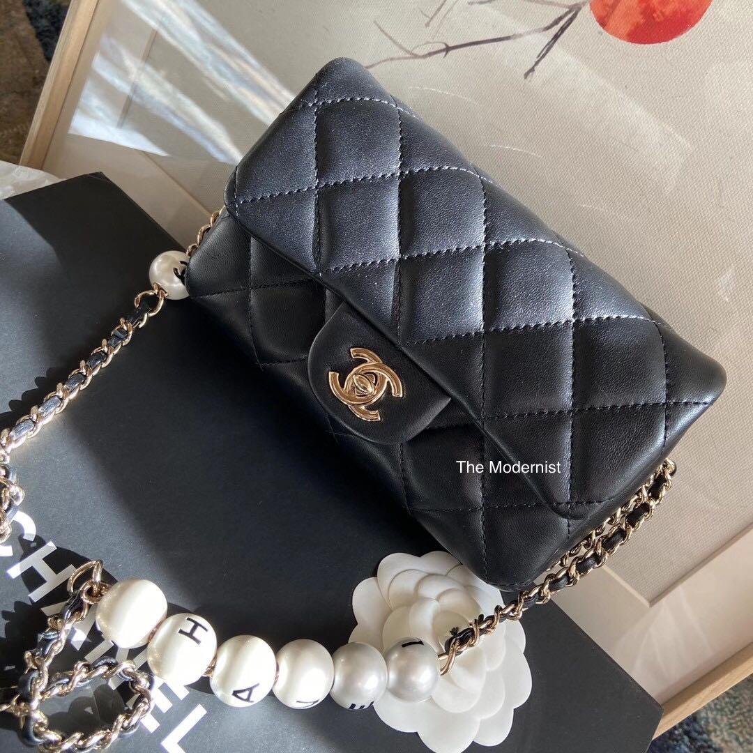 Authentic Chanel Pearl Logo Strap Small Flap Bag AS1436
