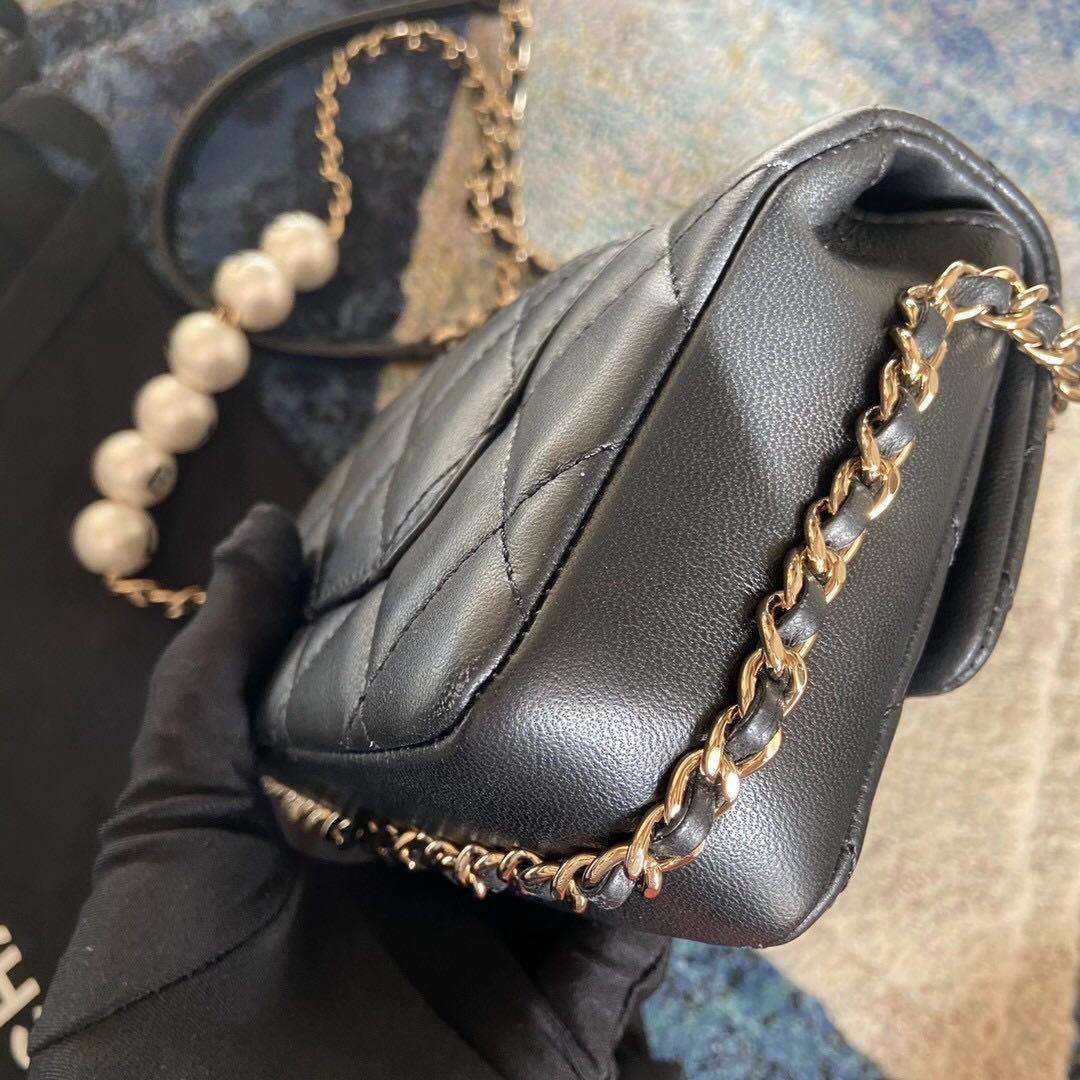 Authentic Chanel Pearl Logo Strap Small Flap Bag AS1436