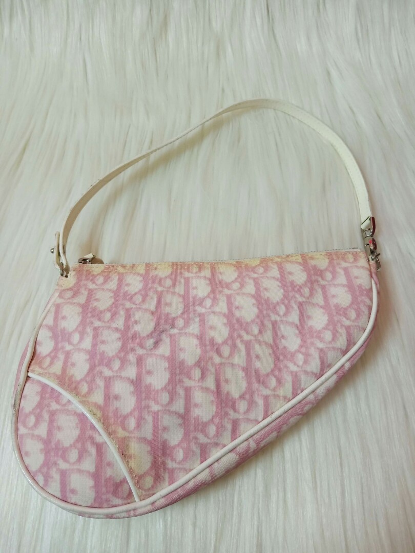 Christian Dior Pink & White Canvas Saddle Bag.  Luxury, Lot #16033