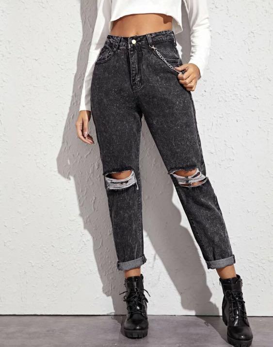 high waisted black ripped mom jeans
