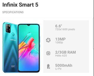 Brand New "Infinix SMART 5" available in quantity. Display: 6.6" HD+Waterdrop, Memory: 64GB, Battery: 5000mAh, Operating System: Android 10 (Go edition). Kindly contact us at 52938786 for more details.