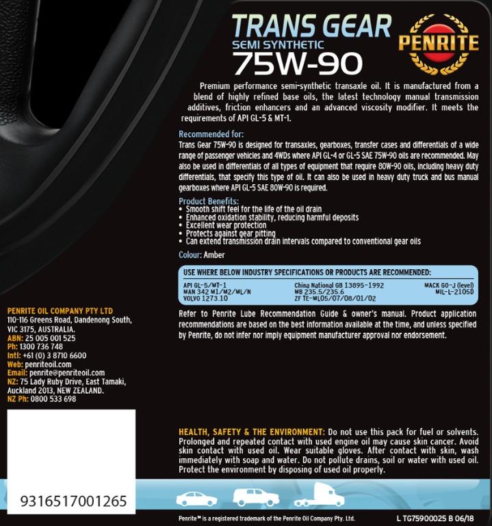 Manual Gearbox Oil Penrite Trans Gear Semi Synthetic 75W90 API GL4 GL5