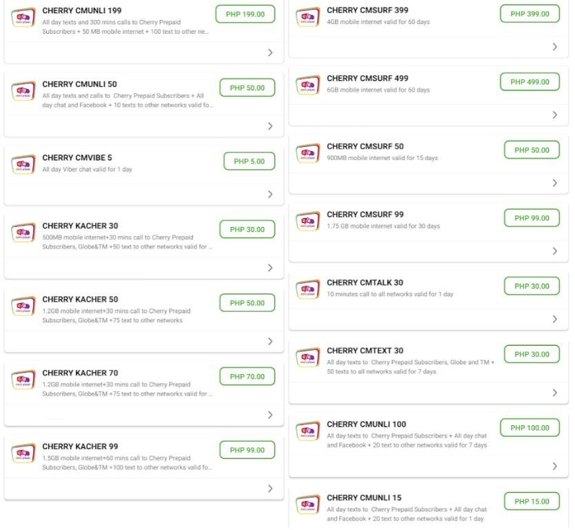 Smart Sun TnT Globe TM PLDT Cherry LOAD (Category: Other Mobile & Gadget Accessories) located in Pasig City. Submitted by onlinesellerph2019 (Listing ID 1056969001, Image 2). Description: For SALE PREPAID LOAD: SMART TNT SUN PLDT GLOBE TM CHERRY PREPAID Available: REGULAR LOAD TXT AND CALL PROMO DATA PROMO Link below for high resolution on the load denomination available: https://photos.app.goo.gl/SgDeUXant6mV8G2FA Payment Mode: GCASH ONLY (o923 