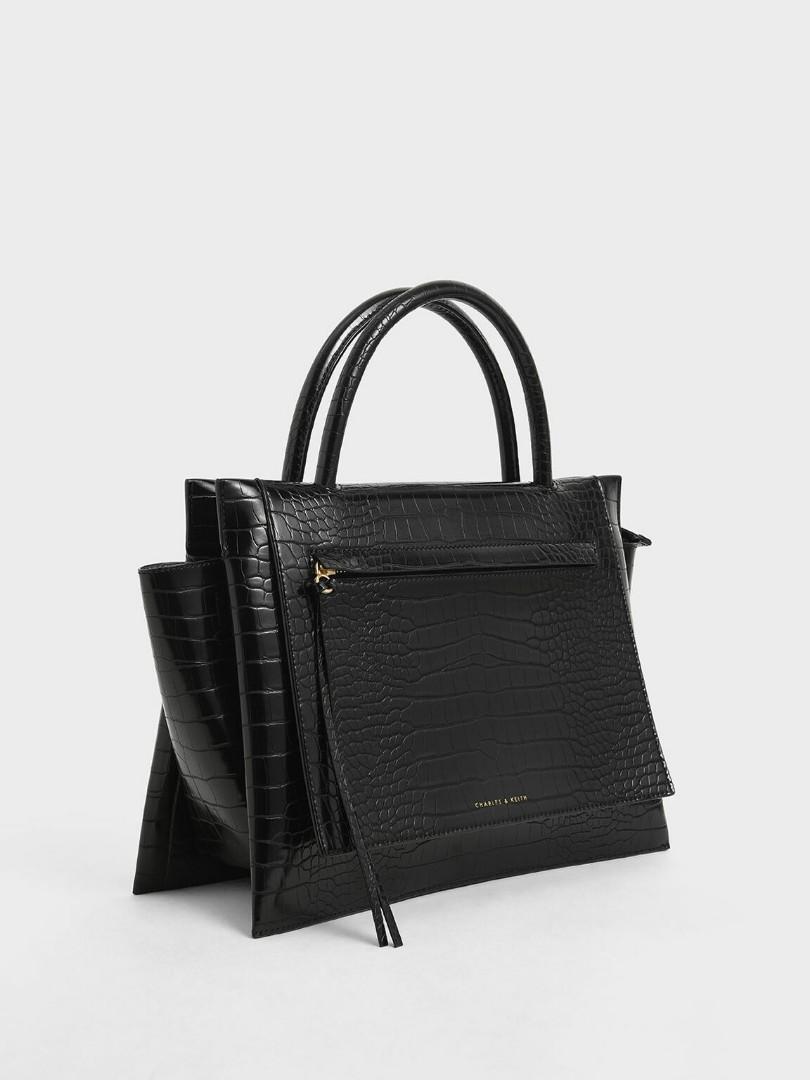 Charles and Keith Large Croc-Effect Trapeze Handbag, Barang Mewah