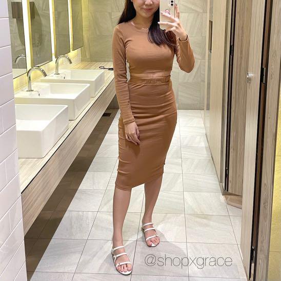 nude bodycon midi skirt