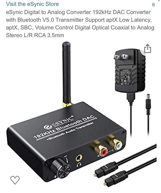 eSynic 192kHz DAC Digital to Analog Audio Converter with Bluetooth V5.0 Transmitter Support AptX & Low Latency Optical Coaxial Digital Audio to Analog L/R RCA 3.5mm for TV Bluetooth Headphone Speaker