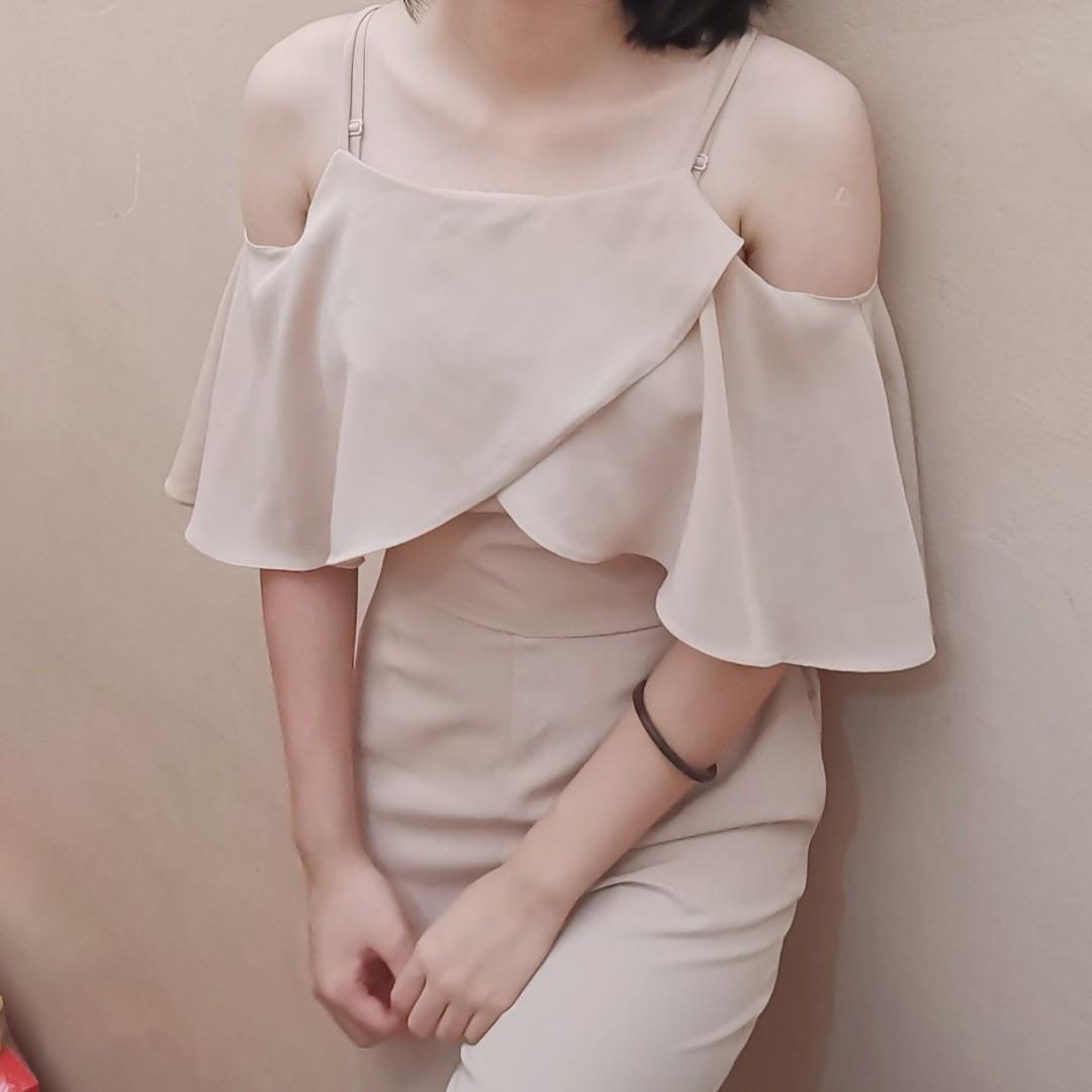 Le Ann Maxima Beige Long Jumpsuit Women S Fashion Clothes Rompers Jumpsuits On Carousell