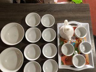 15 pcs Set of White Ceramic Bowls and Tea Pot & Cups Set