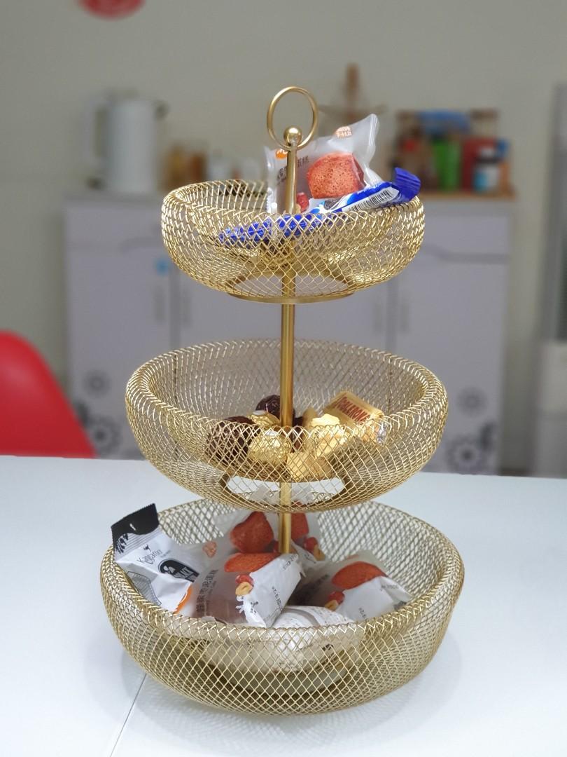 3 layers 2 layers gold wrought iron mesh wire fruit basket snack holder 3 tiers tree shape countertop decorative stand furniture home living kitchenware tableware other kitchenware tableware on carousell
