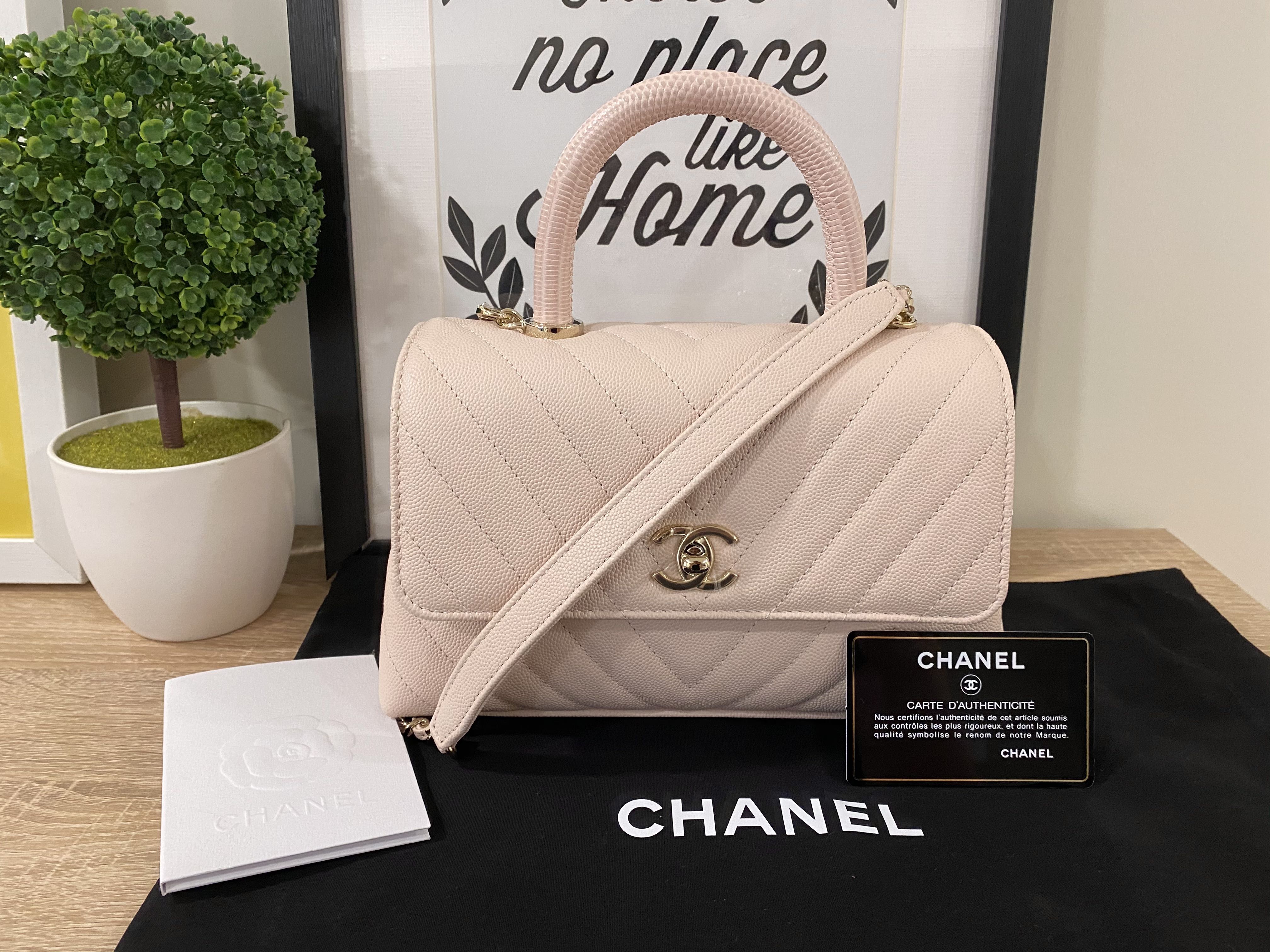 Chanel Coco Handle Medium, Blush Beige Caviar Chevron with Gold