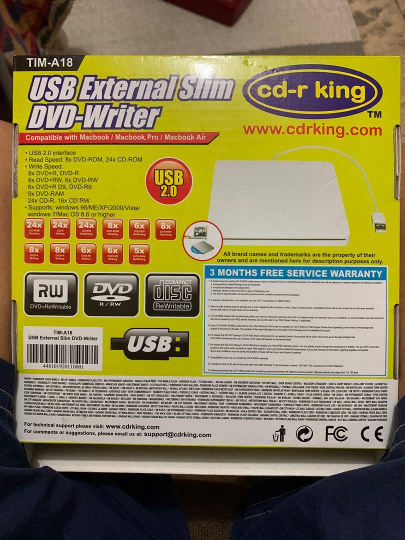 CDR-KING USB External DVD Writer (Category: Hard Disks & Thumbdrives) located in Makati City. Submitted by mpr3rd (Listing ID 1058265129, Image 2). Description: Selling an external DVD Writer which I used a few times with a MacAir. Specs are all found on the box. RFS: Using a different laptop now..