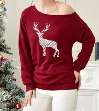 Christmas Reindeer off the shoulder sweater Women s Fashion Tops