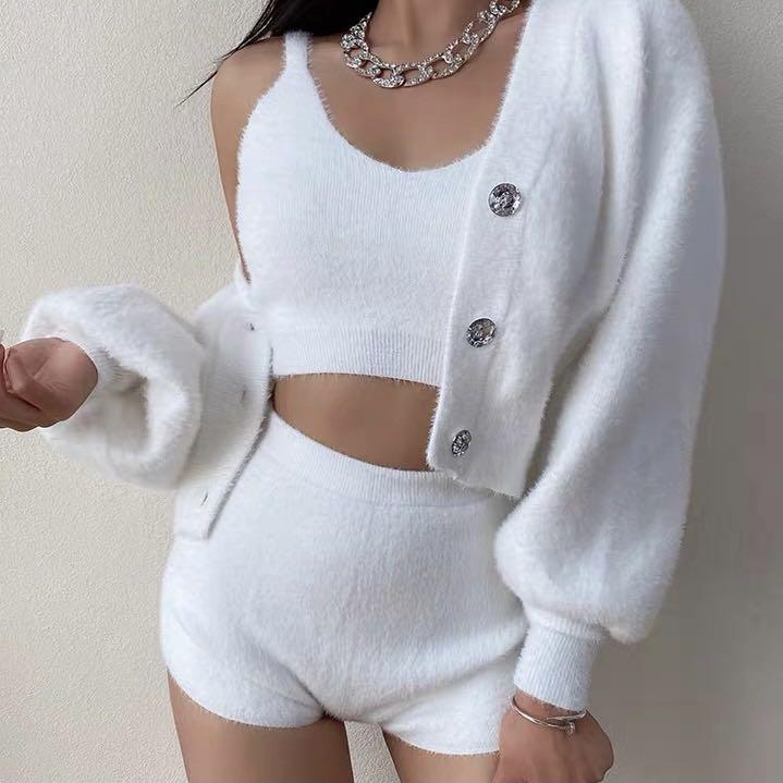 1060 3 ITEMS shorts cardigan tank top fuzzy wool sweater button up bralette booty shorts furry set ulzzang vintage korean retro