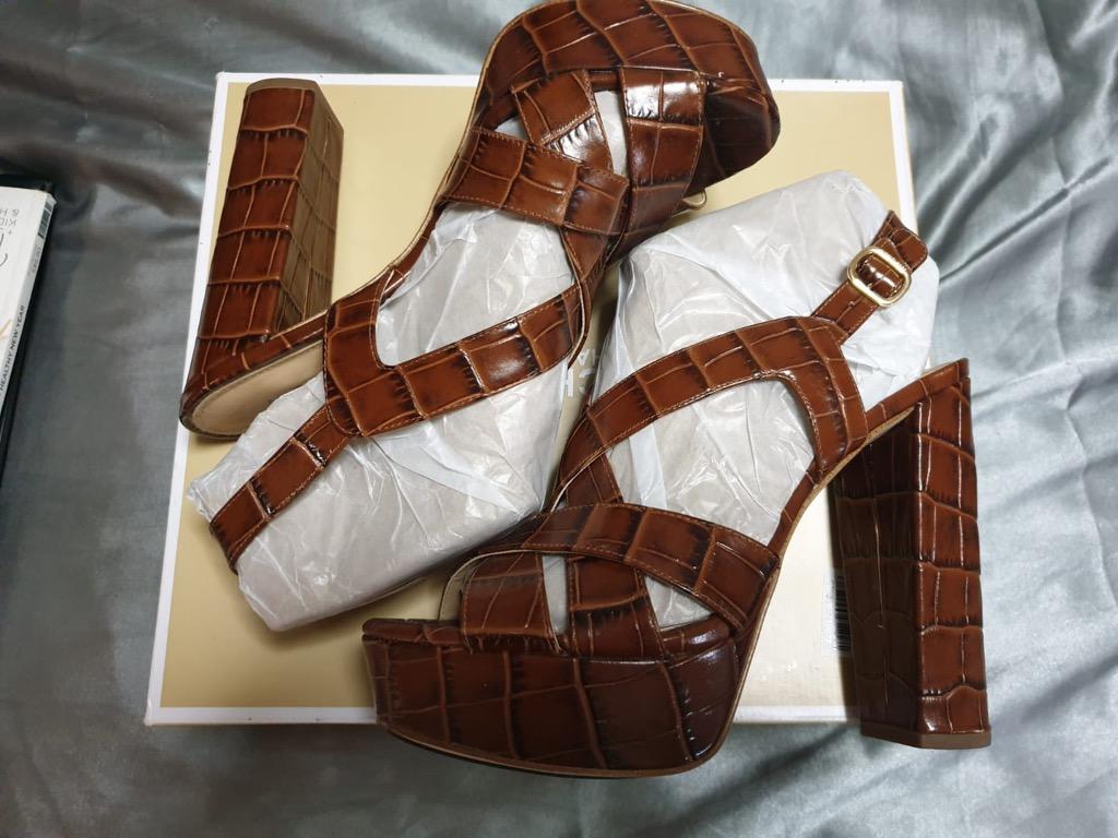MICHAEL KORS Audrina Croc Embossed Platform Heeled Sandal Chestnut AUTHENTIC
