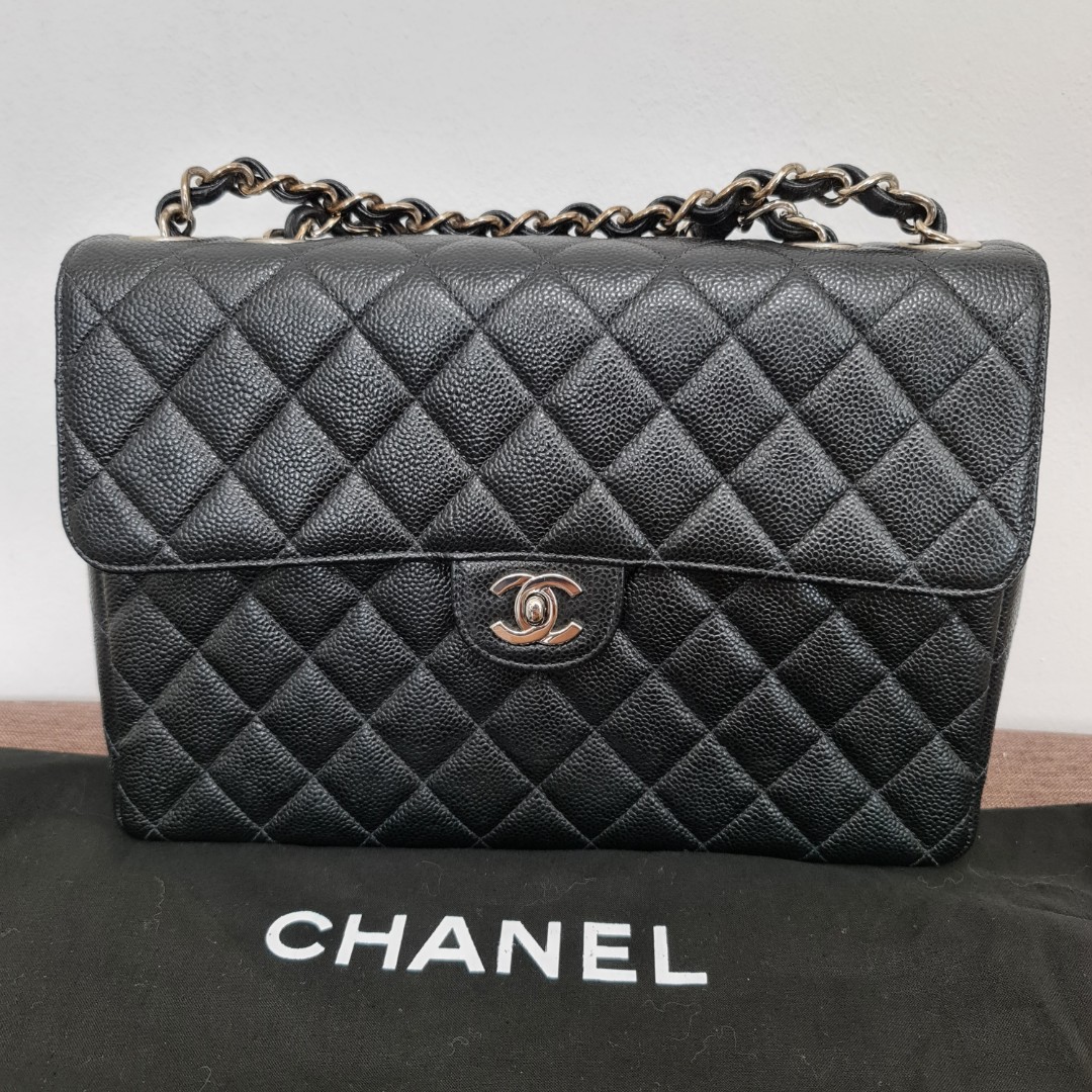 RARE! Authentic Chanel Vintage Jumbo in Black Caviar Leather with Silver  Hardware SHW