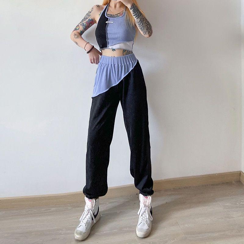 Ulzzang dual tone 2 piece crop top set high waist cargo pants sweatpants trousers Korean high waist track pants jogger pants camisole cami