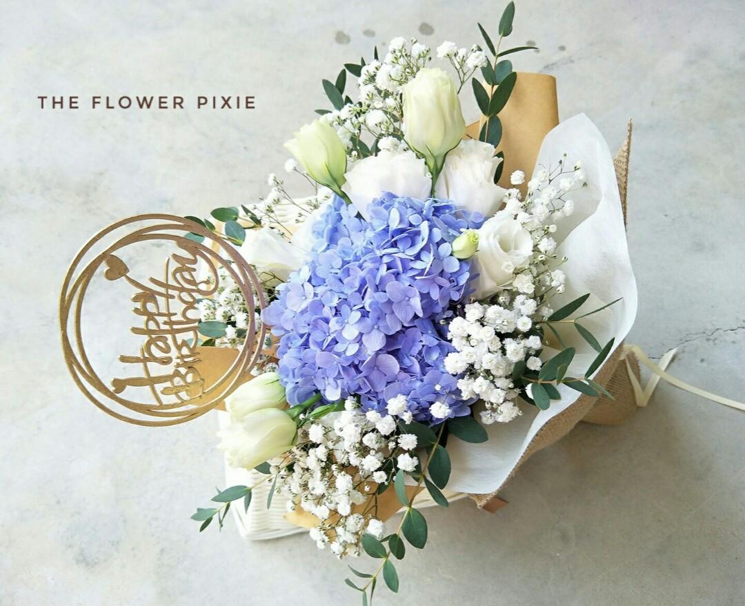 B94 Free Delivery Blue Hydrangea With Baby S Breathes Eustomas And Happy Birthday Topper Bouquet Birthday Flower Anniversary Flower Proposal Flower Graduation Flower Florist Flower Delivery Gardening Flowers Bouquets On Carousell