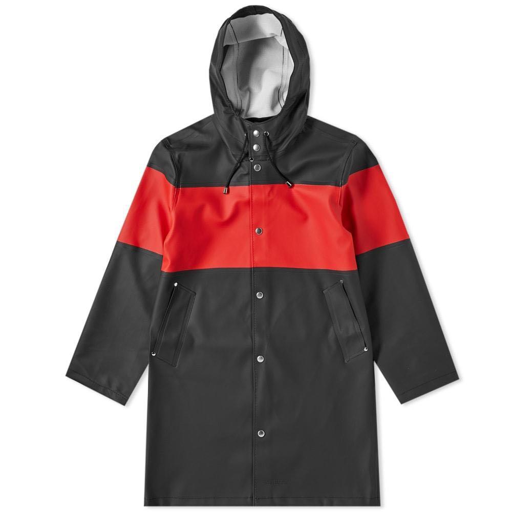 BNWT Stutterheim Stockholm Waterproof Hooded Rubberized Cotton Red Stripe Black Raincoat