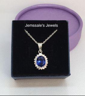 jem: Blue Sapphire Halo Diamond Pendant in Pure Silver