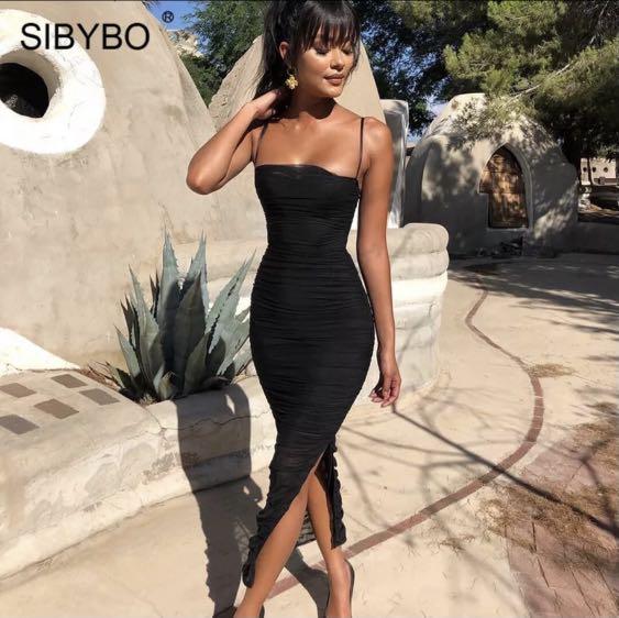 ruched midi black dress