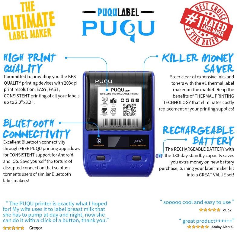 PUQU Label Printer | Portable Bluetooth Thermal Label Maker Q20 with ...