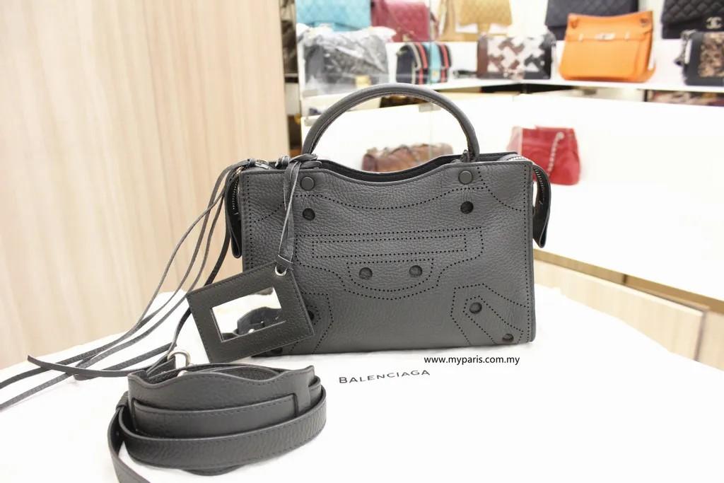 Balenciaga Grey Calfskin Perforated Blackout City Mini