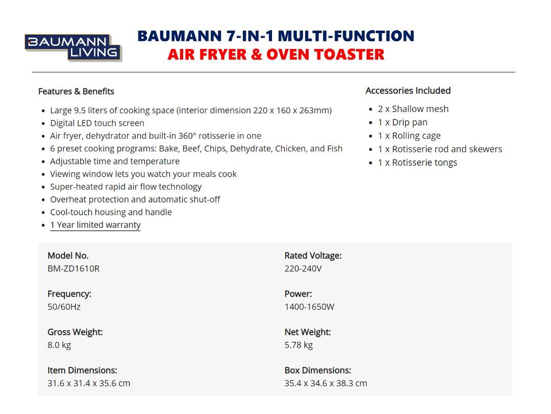 Baumann 7in1 Multifunction Air Fryer & Oven Toaster with Rotisserie 9.5L, Furniture & Home
