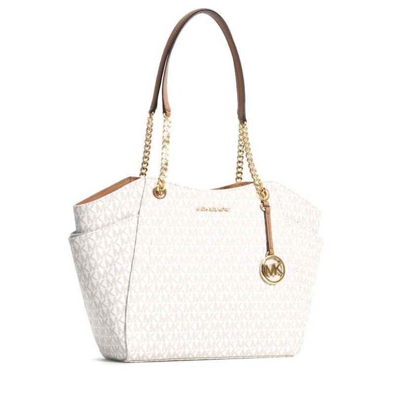 MICHAEL Michael Kors Women's Jet Set Travel Large Chain Shoulder Tote  Printed Handbag (Vanilla /Acorn) …