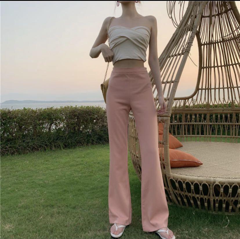 Pink high waist back zip flare pants 