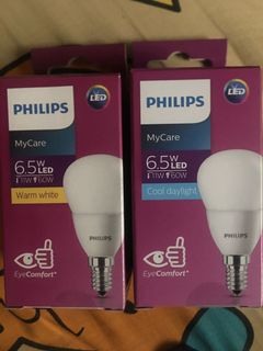 Philips LED Bulb 6.5W E14 Screw Base 6500K Cool Daylight P50 and Warm Daylight One Set Each Only Available Replaces 60W Traditional Bulb Saves Up to 85% Energy Lifespan up to 15,000 Hours No Infrared or Ultraviolet Complies with International Photobiological Safety Standard IEC6247164214779973634110