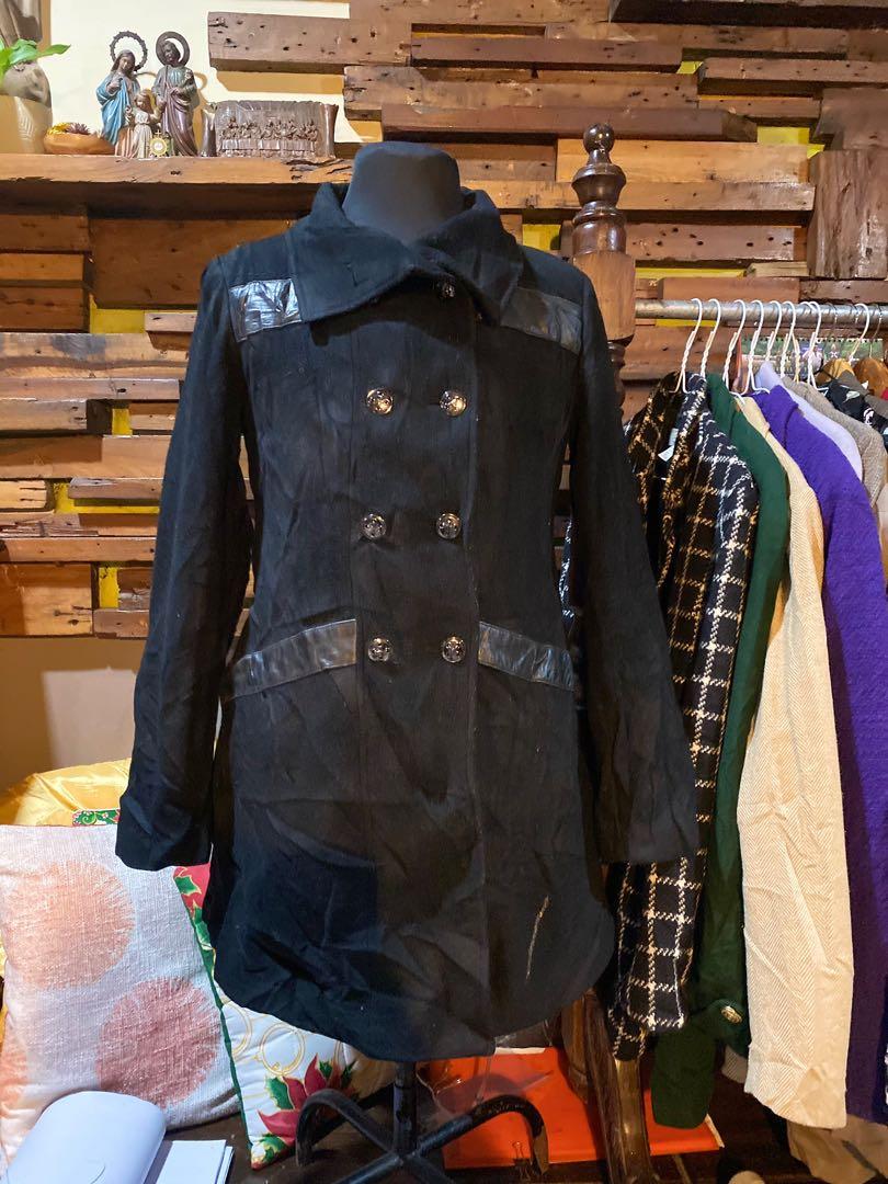 SALE CALVIN KLEIN Black double breasted wool trench coat dress w leatherette details from Php7k