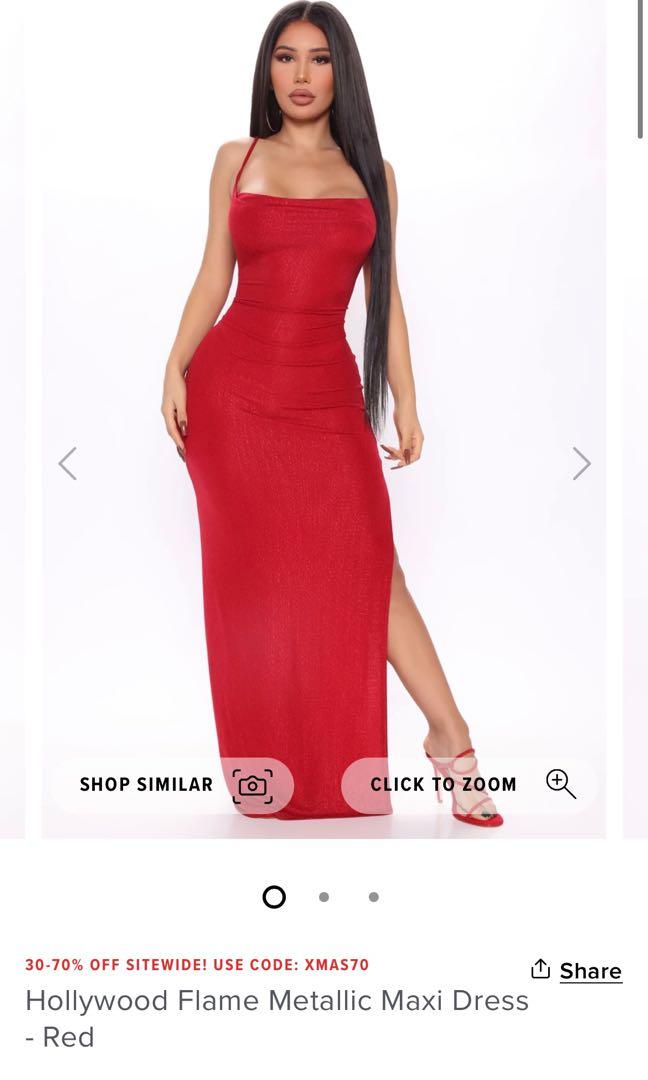 BNWT Fashion Nova Hollywood Metallic Red Cowl Neck Dress with slit