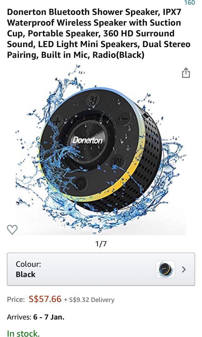 Radio Built in Mic Dual Stereo Pairing Donerton Bluetooth Shower Speaker Portable Speaker 360 HD Surround Sound IPX7 Waterproof Wireless Speaker with Suction Cup Black LED Light Mini Speakers 