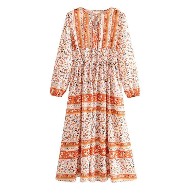 Orange white Bohemian Long Sleeve Maxi Dress Women s Fashion