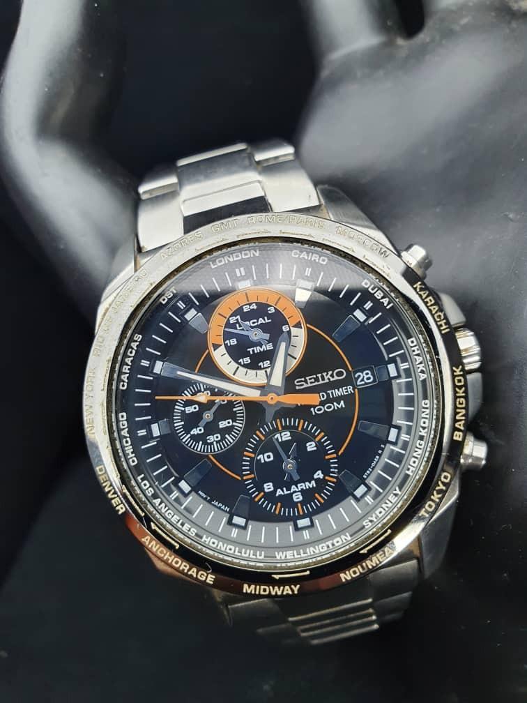 Used Seiko Chronograph Quartz World Timer 5T82 0EA0 Men s Fashion