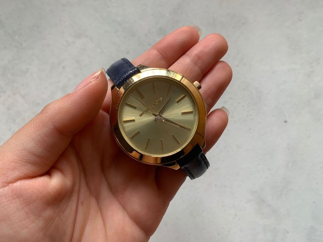 MICHAEL KORS Watch in Navy Blue Leather Strap Mobile Phones Gadgets Wearables Smart Watches on Carousell