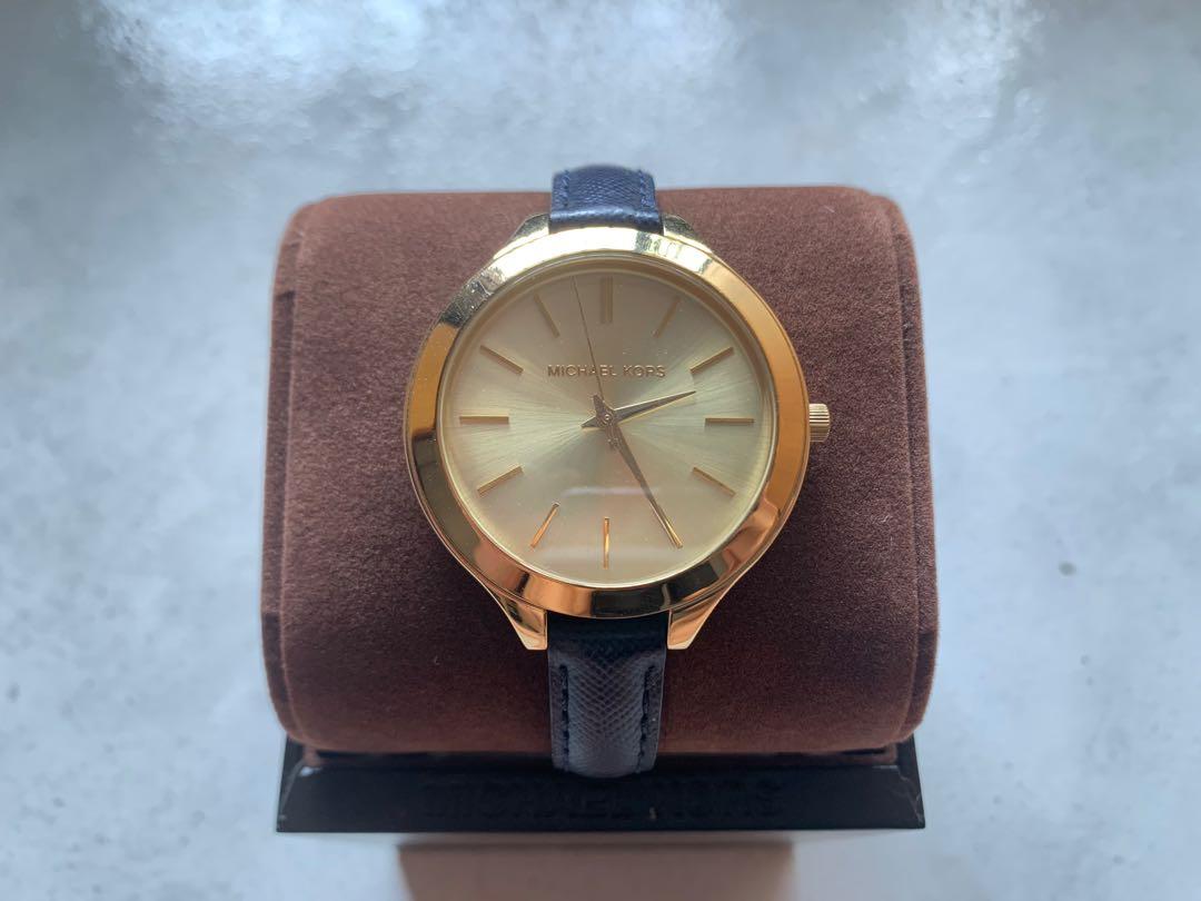 MICHAEL KORS Watch in Navy Blue Leather Strap Mobile Phones Gadgets Wearables Smart Watches on Carousell
