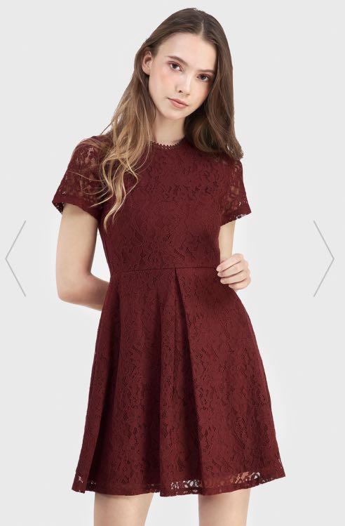Maroon lace skater dress best sale