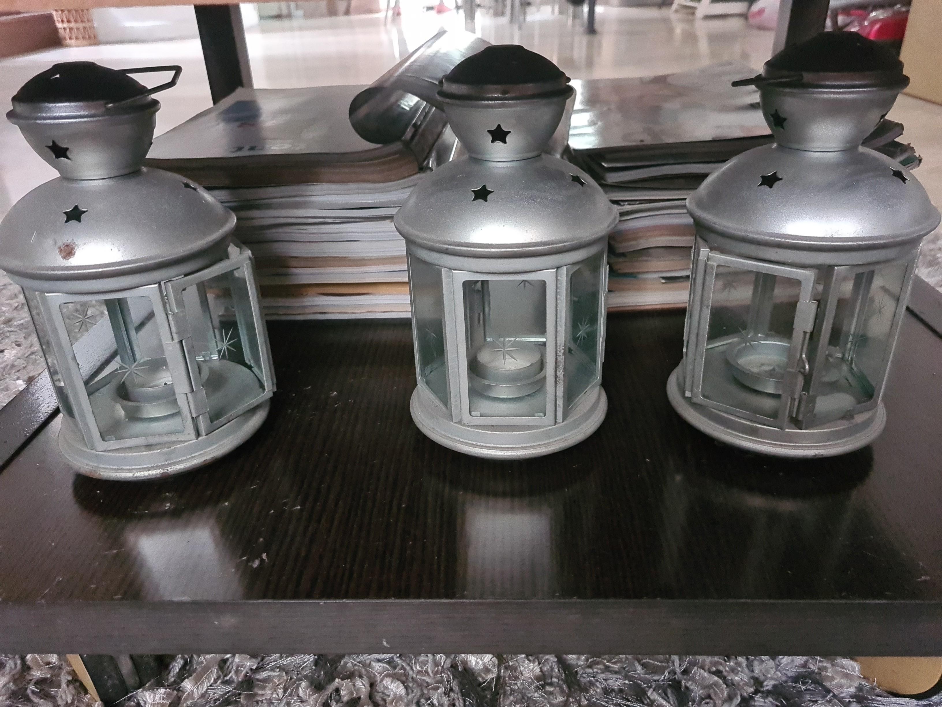 Silver hanging candle lanterns (Category: Laundry Baskets) located in Manila. Submitted by foxydivas (Listing ID 1059236172, Image 1). Description: 500 each only 3 pcs. available get 3 for 1500. can put candles inside can also be hanging bought in italy.