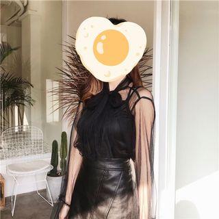 上衣 透膚 氣質 薄紗 網紗 蝴蝶結 公主袖 性感 黑色