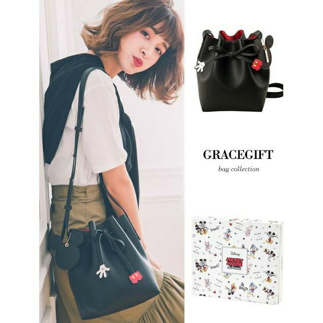 Gracegift x Disney Mickey Drawstring Leather Bucket Bag black