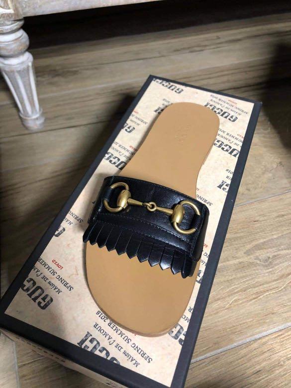 Gucci Fringe Leather Horsebit Slides